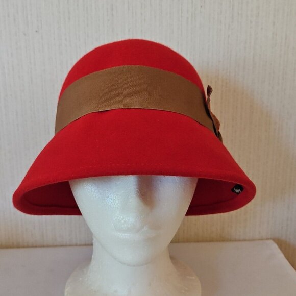 Peter Grimm Wool Cloche Hat Red Womens One Size Grosgrain Bow Wide Brim Hat Band - Picture 2 of 11